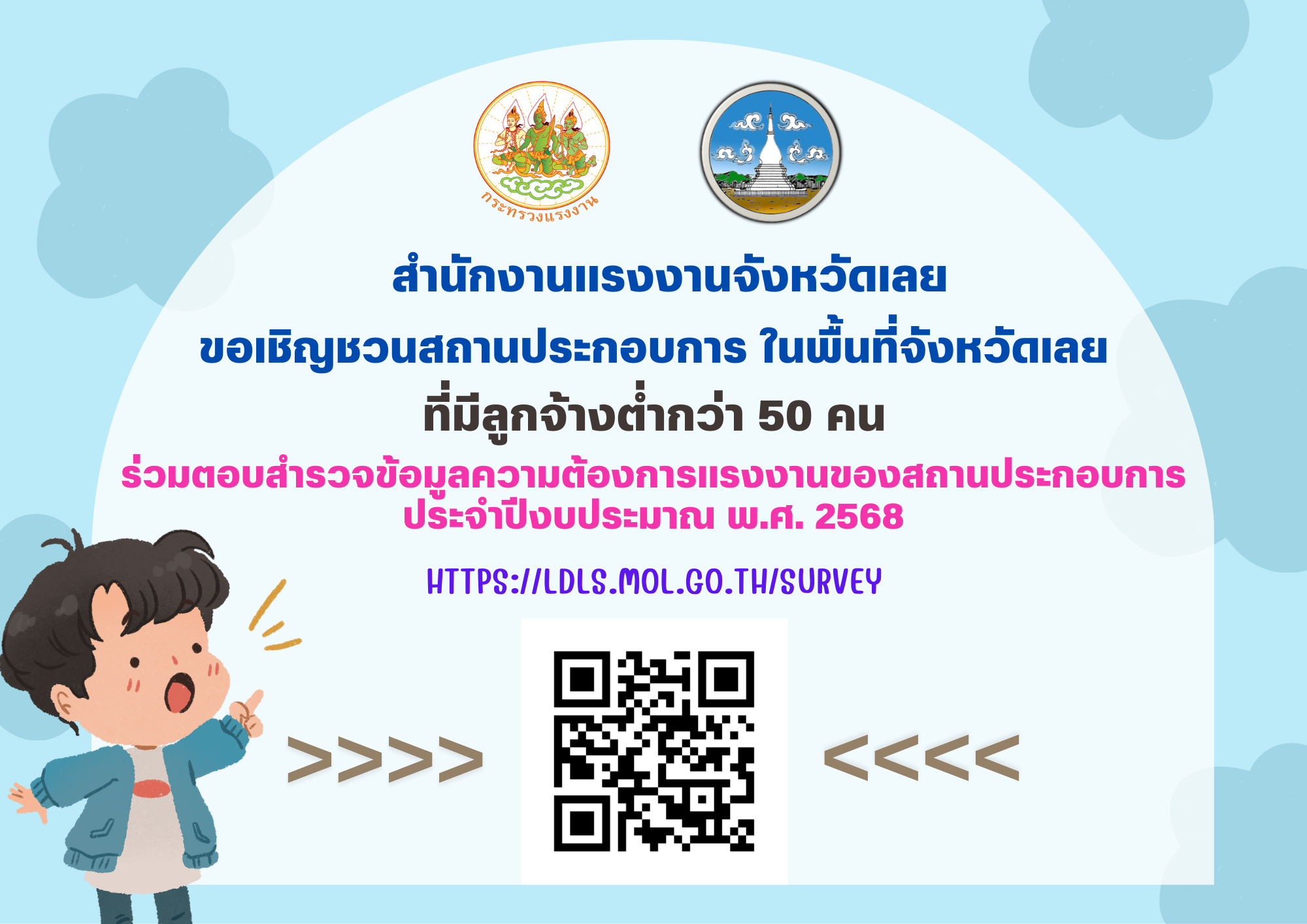 ขอเชิญชวนสถานประกอบการ ในพื้นที่จังหวัดเลย ตอบสำรวจข้อมูลความต้องการแรงงาน ของสถานประกอบการ