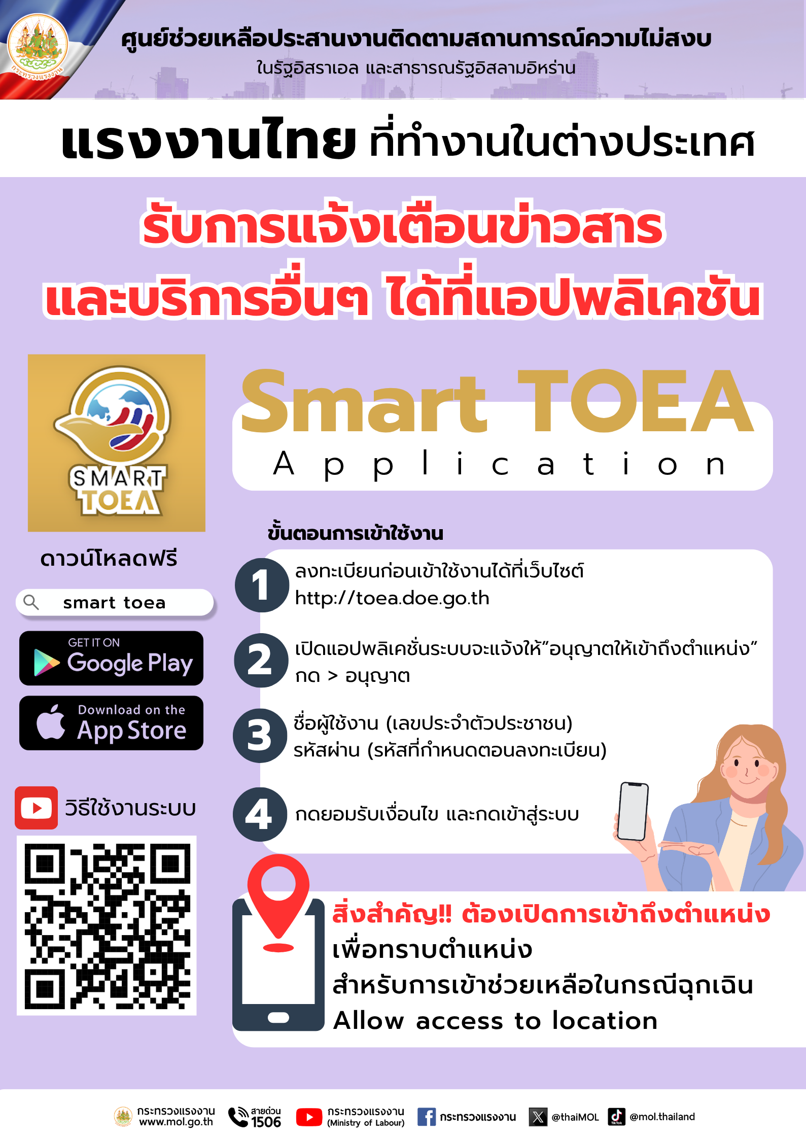 แรงงานไทย ที่ทำงานในต่างประเทศ รับการแจ้งเตือนข่าวสาร และบริการอื่นๆ ได้ที่แอปพลิเคชัน Smart TOEA  Application